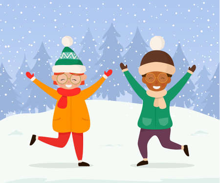 Happy kids playing outdoors in winter. Cute smiling children dressed in winter clothes. Vector illustration.のイラスト素材