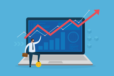 Modern fintech concept. Business, finance services method and investing in startups or cryptocurrency. Vector illustration with business character on large laptop.のイラスト素材