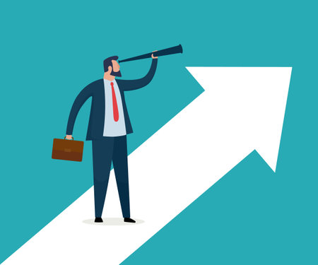 Businessman standing on big arrow using telescope searching for opportunities. business vision concept. vector illustration.のイラスト素材