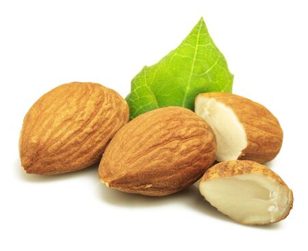 almonds on white backgroundの写真素材
