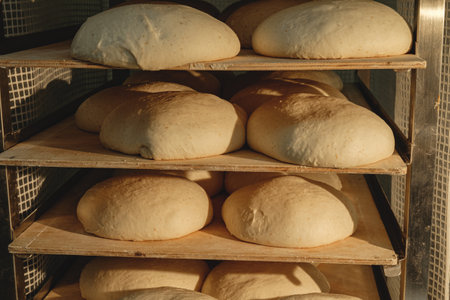 Freshly risen dough rests on wooden shelves in a warm bakery, ready for baking in the early morning...