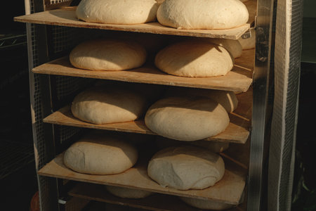 Baking bread dough rises in a warm oven during early morning preparations in a rustic bakery