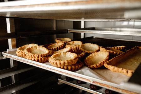 Delicious tart shells cooling on shelves in a bustling bakery during the early morning hours filled...