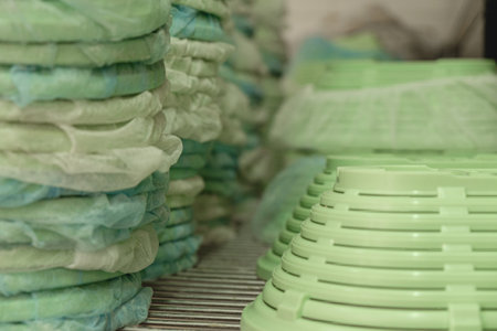 Stacked green trays ready for preparation in a bustling kitchen environment during early morning hoursの写真素材