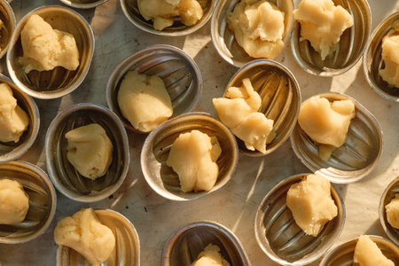 Delicate pastries sit in metal nut molds, awaiting the magic of transformation in a warm, cozy kitchen.の写真素材