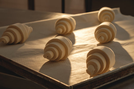 Croissants in the morning sunlight awaiting baking on a wooden surface in a cozy bakeryの写真素材
