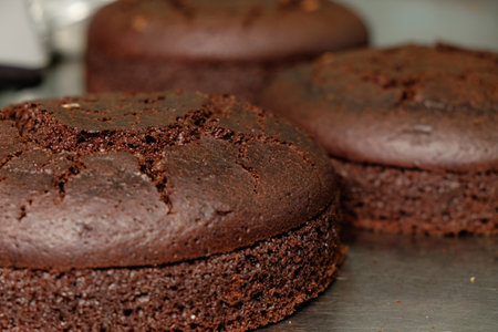 Chocolate cake layers cooling on a kitchen counter, ready for decoration and assembly at a bustling bakery during the afternoonの写真素材