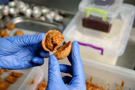 Crafting delightful treats in a bustling kitchen while expertly filling handmade pastries with rich chocolate creamの写真素材