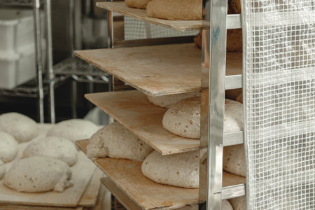 Freshly prepared dough rising on wooden shelves in a bustling bakery before the dawn of a new day full of aromatic bread creationsの写真素材