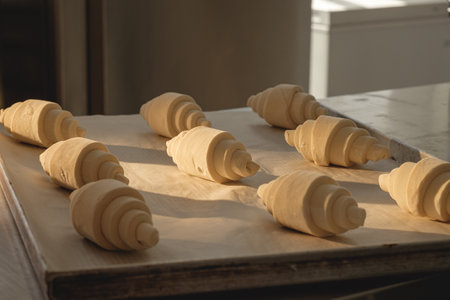 Freshly crafted croissant dough rests on a wooden board, showcasing the delicate layers as they rise...