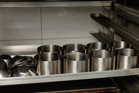 Shiny steel molds arranged neatly on a kitchen shelf ready for the creative culinary processes in a warm kitchen settingの写真素材