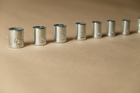 Set of hexagonal sockets for electric screwdriver. Selective focus.の写真素材