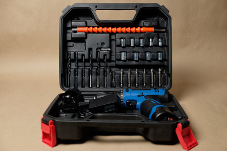 Versatile tool case showcasing a powerful cordless screwdriver and accessoriesの写真素材