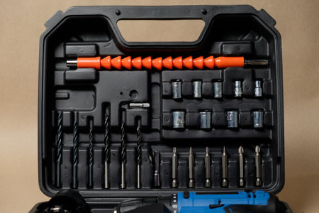 Close-up of a tool case with essential building and repair toolsの写真素材