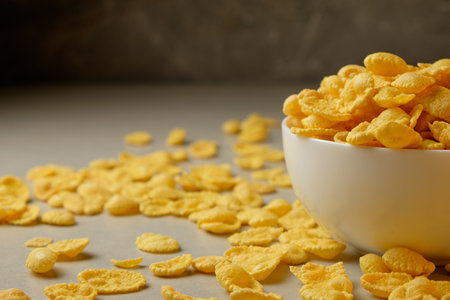Morning crunch with golden flakes scattered joyfully on the tableの写真素材