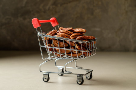 Shopping cart filled with delicious pecan nuts on a neutral backgroundの写真素材