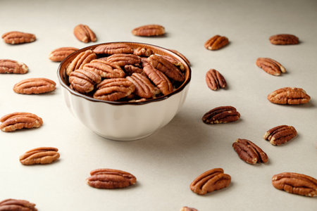 Delicious pecan nuts arranged artistically around a charming bowlの写真素材