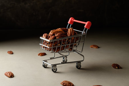 Pecan nuts in a miniature shopping cart evoke playful indulgence in foodの写真素材