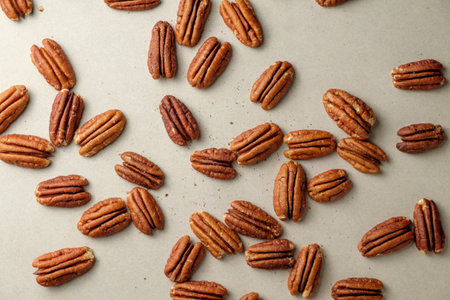Discover the natural beauty of pecan nuts displayed on a smooth surfaceの写真素材