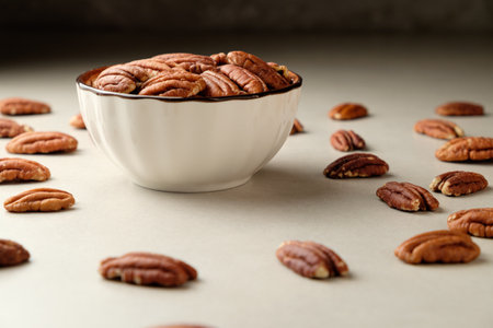 Pecan nuts nestled in a bowl surrounded by scattered delightsの写真素材