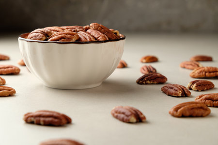 Pecans in a bowl create a rustic and inviting kitchen atmosphereの写真素材