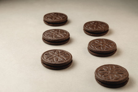 Delightful chocolate cookies arranged artistically on a light backgroundの写真素材