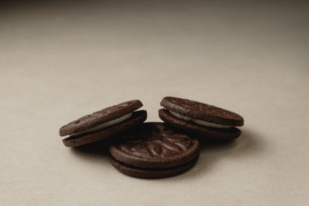 Delightful chocolate cookies arranged artistically on a neutral backdropの写真素材