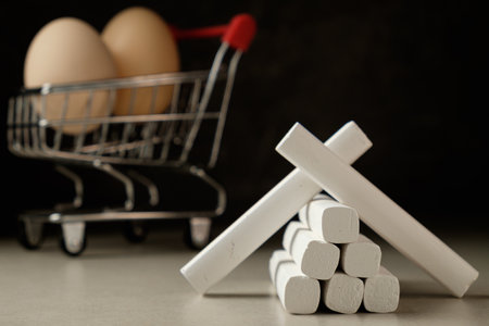 Creative construction of white chalk in front of eggs in a grocery cartの写真素材