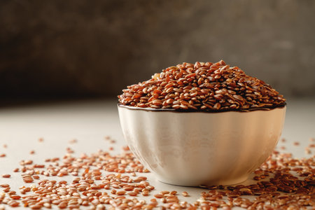 Organic brown rice in a decorative bowl with scattered grains on a clean surfaceの写真素材