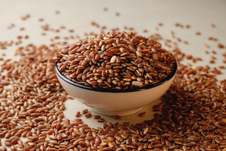 Nutrient-rich organic brown rice in a rustic bowl on a neutral backdropの写真素材