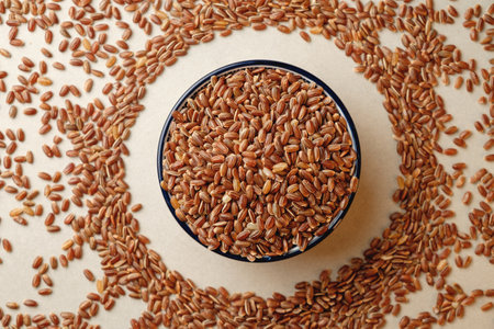 Discovering the beauty of organic brown rice in a rustic settingの写真素材