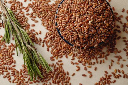 Discover the beauty of organic brown rice resting in a rustic bowlの写真素材