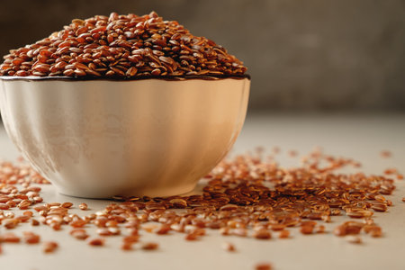 Discovering the natural beauty of organic brown rice in a rustic kitchen settingの写真素材