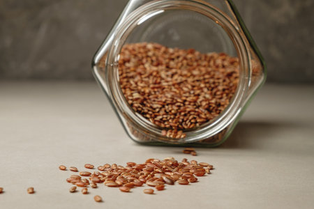 Discovering the rustic beauty of brown rice in a glass jarの写真素材