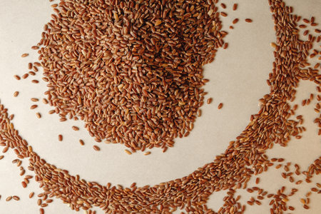 Discover the richness of organic brown rice scattered artfully on a surfaceの写真素材