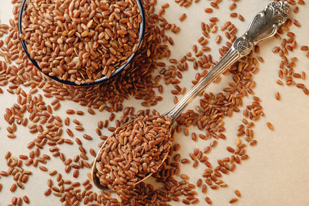 Discover the richness of organic brown rice scattered with careの写真素材