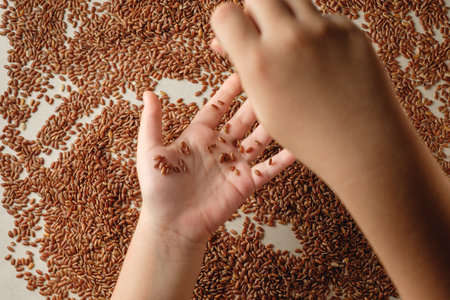 Organic brown rice preparation amidst a rustic kitchen settingの写真素材