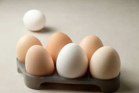 Fresh eggs displayed artistically on a gray tray in soft morning lightの写真素材