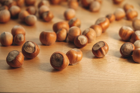 Hazelnuts scattered on a wooden surface in natural light