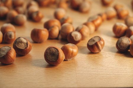 Hazelnuts scattered on a wooden surface during a cozy autumn afternoonの写真素材