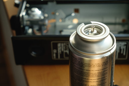 Spray can be positioned above a tool, revealing an intricate workspace sceneの写真素材