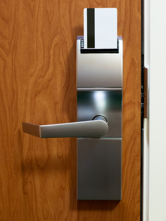 Hotel room electronic door lock with keycardの写真素材
