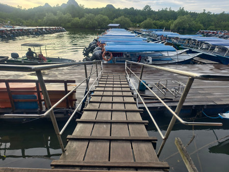 Langkawi Island, Kedah, Malaysia - Dec 13, 2025 - Floating dock with moored tour boats under blue canopies, surrounded by forested hills and calm water.のeditorial素材