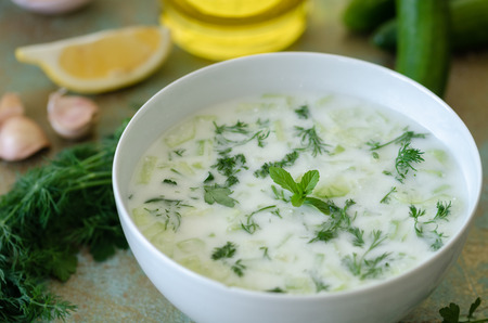 Traditional Turkish drink,tzatziki, made from yogurt, garlic, and cucumbers.の写真素材
