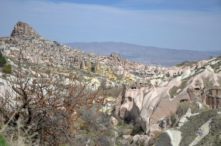 Pigeons Valley and Uchisar in Nevsehir City, Cappadocia, Turkeyの写真素材
