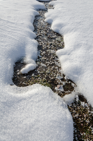 Frozen image of running water in snow covered field.Frozen grasses have created lovely images.の写真素材