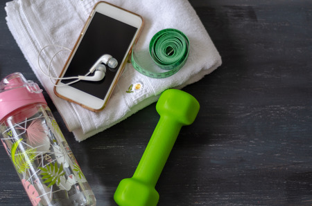 Fitness accessories, healthy and active lifestyles concept background with copy space for text.の写真素材