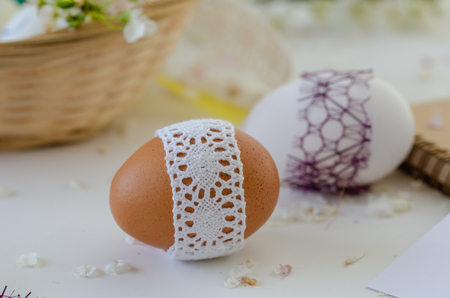 Fancy eggs are on white  background. Easter  conceptの写真素材