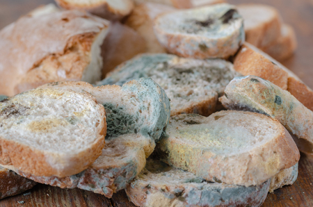 Moldy bread slices on wooden cutting board.Moldy inedible food.
