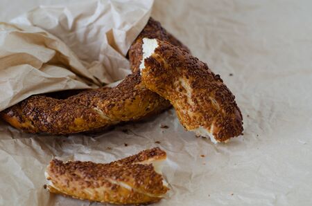 Turkish Simit  or Turkish Bagel On The Table ,Top view,の写真素材